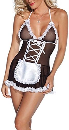 DY coperate Lingerie Sexy Bare Back G-String Headdress Babydoll Nightwear Dress (M)