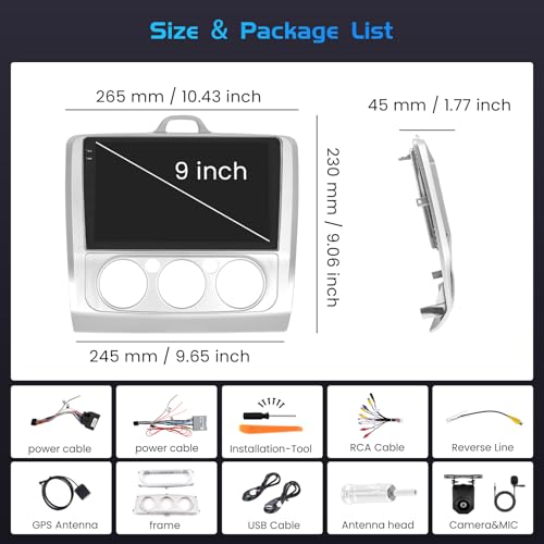 Inefala 4+64G Android 15 Radio for Ford Focus 2004-2011 with 9'' In-Cell Screen with Wireless Carplay and Android Auto Mirror Link Radio FM/RDS GPS WiFi Bluetooth SWC Reverse Camera