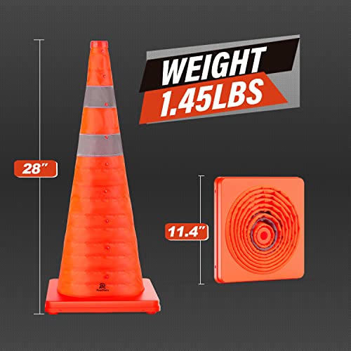 RoadHero 28 Inch 4 Pack Collapsible Traffic Safety Cones, Multi Purpose Pop-up Cones with Reflective Collar for Road Safety, Orange Cones for Driving Training, Parking Lots