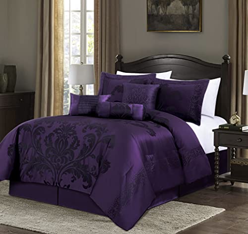 Chezmoi Collection Royale 7-Piece Jacquard Floral Comforter Set, Oversized Queen, Purple/Dark Purple