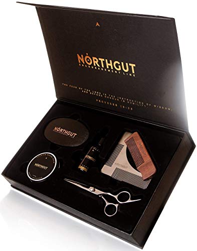 Luxury Beard Grooming & Trimming Kit for Men | Beard Oil | Beard Balm | Wood Comb | Boar Bristle Beard Brush | Beard & Mustache Scissors | Beard Shaping Tool | Fresh, Unique & Manly Scent By NORTHGUT
