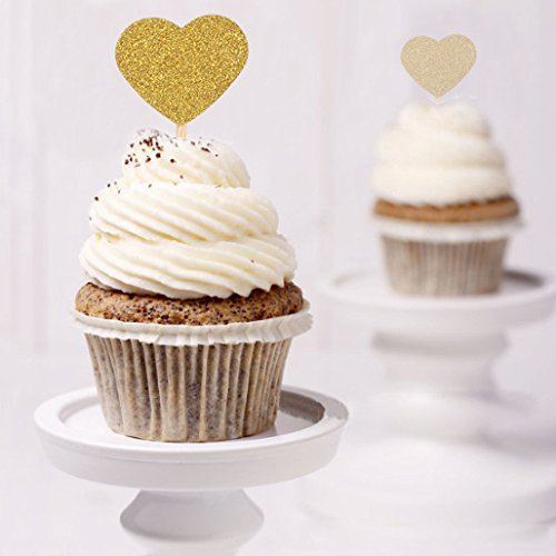Zicome 50 Pack Double Sided Gold Glitter Cupcake Toppers Attached with Sticks for Baby Bridal Shower Birthday Party and Wedding (Heart)