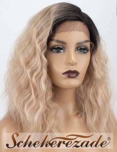 L Part Bob Ombre Light Ash Pastel Pink Lace Front Wigs Wavy Synthetic Hair for Women, Glueless 14 Inches Soft Hair Ashy Bright Rose Gold Lace Front Synthetic Ombre Short Wavy Pink Wigs with Dark Roots