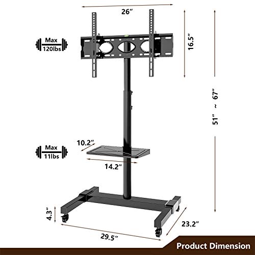 Mobile TV Stand Rolling TV Cart Floor Stand on Lockable Wheels with Tilt Mount and Adjustable Shelf for 32-70 Inch Flat Screen or Curved TVs, Monitors Display Trolley Stand