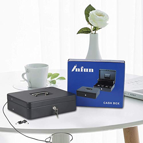 INFUN Cash Box with Money Tray and Lock, Durable Large Steel Money Boxes for Adults, Black Petty Cash Box (Cash Box with Coin lid)