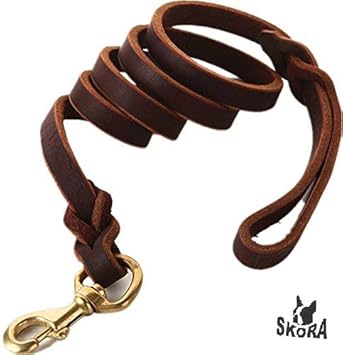 Skora Braided Leather Strap Leash 6ft Walking Training Leads for German Shepherd Dog (Brown, 6 cm)