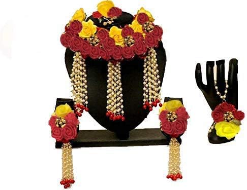 Sarpi Crafts Jewellery Pearl Designer Yellow & Red Flower Jwellery Set with 5 Items for Women & Girls (Mehandi/Haldi/Wedding/Bridal)