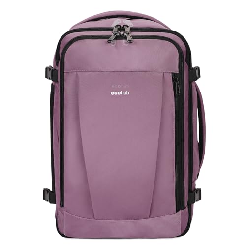 ECOHUB Ryanair Travel Backpack 40 x 20 x 25 cm 13 Pockets Hand Luggage Under the Seat Handle Eco Friendly Airplane Bag in Recycled PET 20 Litres, Patented (Pink)