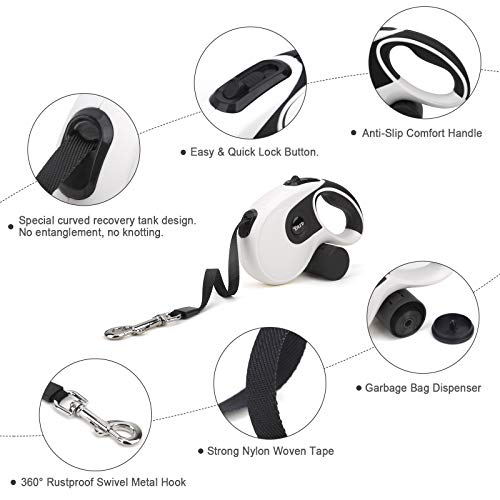 voopet Retractable Dog Leash, 360Â°Tangle Free Strong Nylon Ribbon Extends 16ft - Heavy Duty Pet Walking Leash with Free Waste Bag Dispenser and Bags for Small Medium and Large Dogs (Whtie)