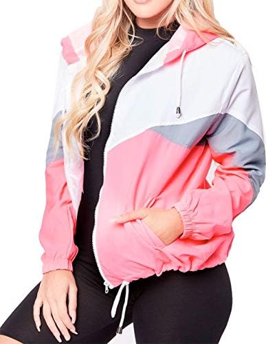 Islander Fashions Ladies Long Sleeve Color Block Jacket Womens Fancy Windbreaker Hooded Coat Top S/XL