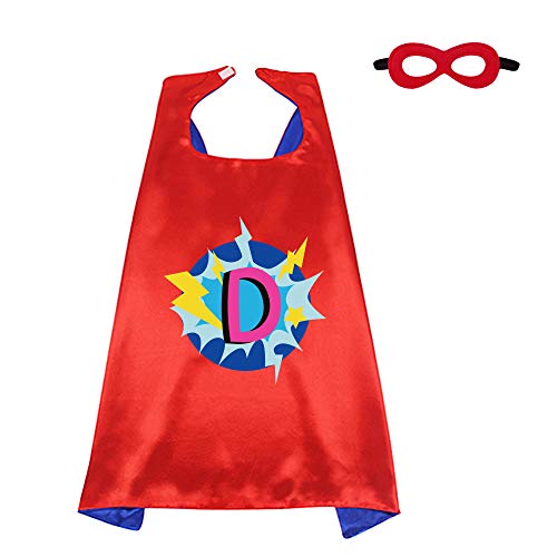 Red Superhero-Cape and Mask for Kid Costume with Name 26 Letter Initial (Cape-D)