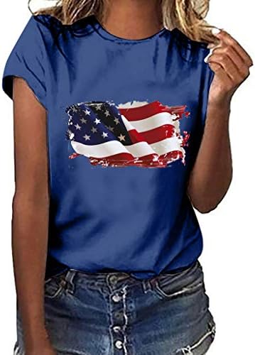 Independence Day US Flag T Shirts Womens Loose Short Sleeve Tees Plus Size Summer Blouse Tops Pocciol