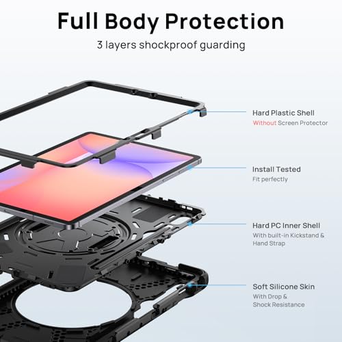Gerutek Anti-Drop Case for Samsung Galaxy Tab S10 Lite 10.9 Inch/Tab S10 FE/Tab S9 FE/S9 11 inch (2025/2023), Rugged Case with Stand 360° Rotation, Hand/Shoulder Strap, Pencil Holder, Black