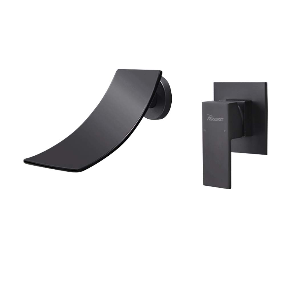 PHASAT Wall Mounted Basin Tap Waterfall BasinTap 2 Hole Wall Mounted Basin Taps, Matte Black JH088B