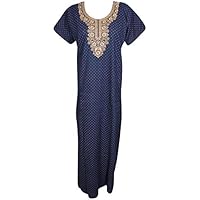 Womens House Kaftan Dress Blue Neck Embroidered Cotton Maxi Nightwear L