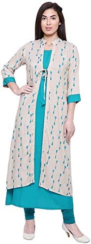 Saundarya Women's Rayon Kurta with Printed Jacket Long Kurta/Kurti