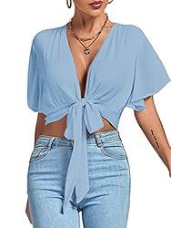 LYANER Women's Deep V Neck Tie Front Knot Wrap