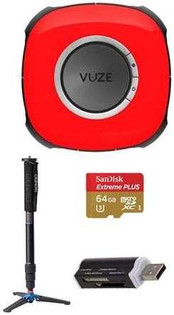 Vuze 3D 360 Spherical VR 4K Camera (Red) - Bundle with Benro A38FD 4 Section Aluminum Monopod, 64GB MicroSDXC Card, Card Reader