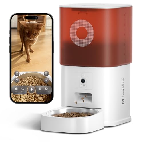 Automatic Cat Feeder with Camera: 6L Large Cat Food Dispenser for Cats and Small Dogs (White and Red)