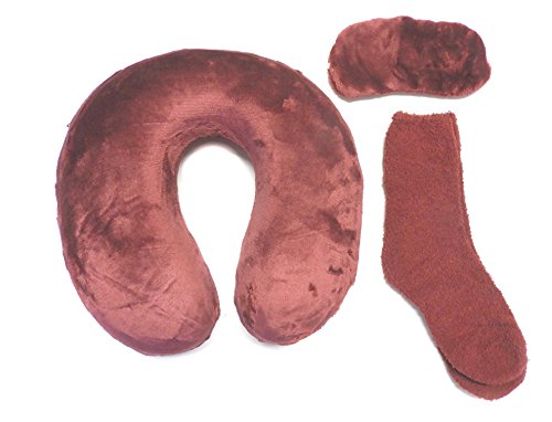 DINY Home & Style 3 Piece Plush Neck Travel Pillow Set Memory Foam with Cozy Socks and Velour Eye Mask (Burgundy)