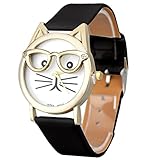 Winhurn Super Cute Cat Glasses Design Analog Quartz Women Wrist Watch (Black)