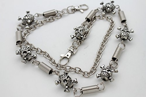 TFJ Men Wallet Silver Metal Chain Keychain Skeleton Skull Charm Pirate Bones