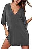 Ekouaer Deep V Neck Sleepshirt Sexy Cotton