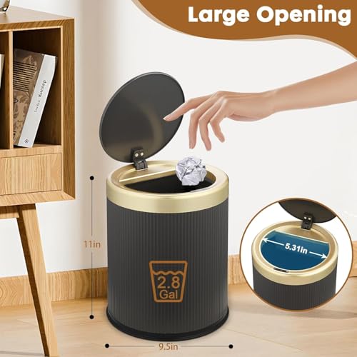 ORCHID M® 10L Trash Can,Plastic Garbage Can with Push Button,Kitchen Trash Can with Lid, Large Capacity Waste Basket for Kitchen, Home, Living Room, Toilet, Office (Black)
