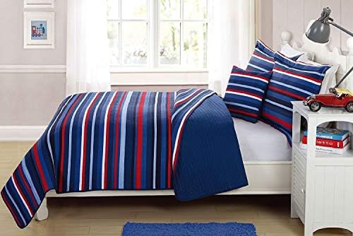 Elegant Dwelling Decor Multicolor Mild & Darkish Blue Pink White Striped Design Enjoyable Colourful Quilt Bedspread Bedding Set with Ornamental Pillow for Youngsters/Boys # Ocean (Twin)