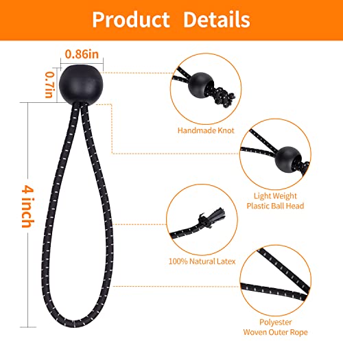 Ball Bungee Cords 4 Inch, 50 PCS Heavy Duty Black Bungie Cord Balls