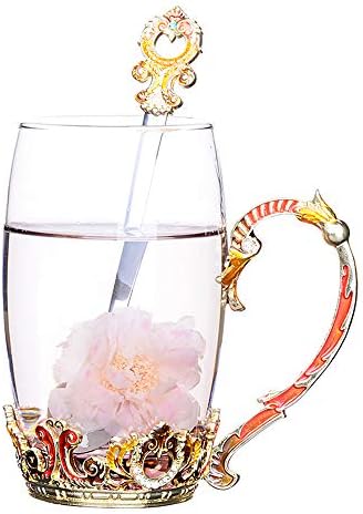 Goaeos Mother's Day Gifts for Mom Tea Cup Coffee Mug Cups Clear Glass with Spoon Set Unique Rose Flower Enamel Design Valentine's Day Birthday Decoration Wedding Gift (Red Tall)