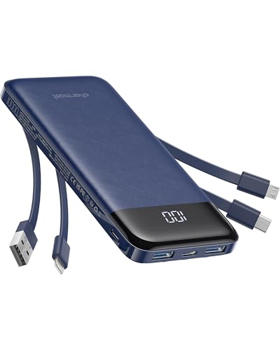 Charmast Portable Charger with Built in Cables, Portable Charger with Cords Wires Slim 10000mAh Travel Essentials Battery Pack 6 Outputs 3A High Speed Power Bank for iPhone Samsung Pixel LG Moto iPad
