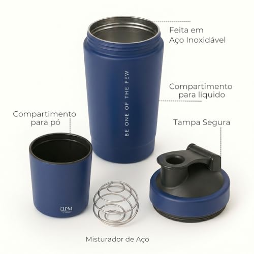 Coqueteleira Aço Inox 600ml com Compartimento Inferior ELLYM NUTRITION Misturador Ideal Shakes (Azul)