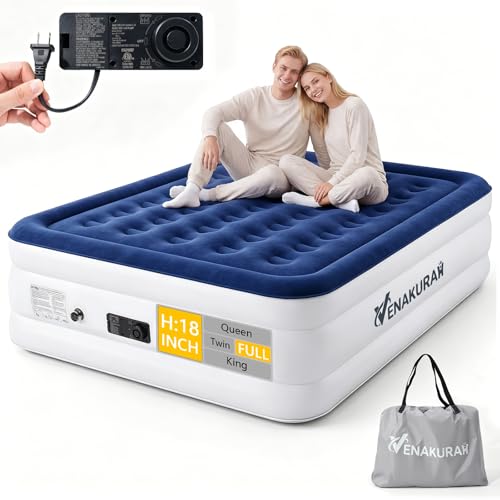 Double Size Airbed, Inflatable Mattress, Air bed with Built-in Pump, 190 x 137 x 46cm, Blow Up Mattress with Flocked Surface, 3 Mins Fast Self Inflating Guest AirBed for Home, Camping and Travel