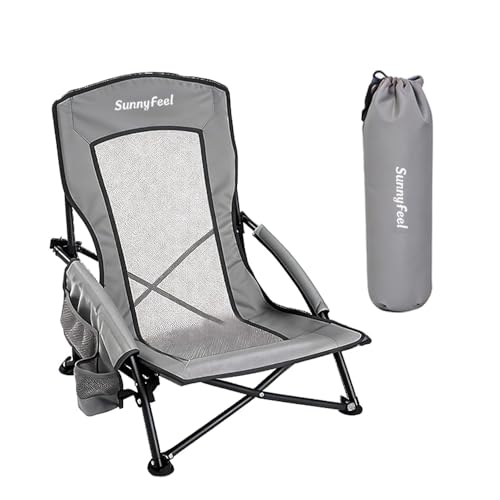 SUNNYFEEL Folding Low Camping Beach Chair 2 Pack, Lightweight Portable Lawn Chair with Mesh Back, Cup Holder for Outdoor/Travel/Picnic/Concert, Foldable Camp Backpack Chair with Carry Bag