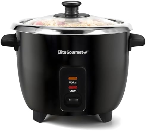Elite Gourmet ERC006SS 6-Cup Electric Rice Cooker with Stainless Steel Inner Pot, Makes Soups, Stews, Porridges, Grains and Cereals, 6 cup (3 cups uncooked), Black