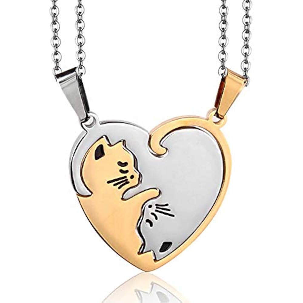 Boormanie Cat BFF Necklace For 2 Girls Stainless Steel