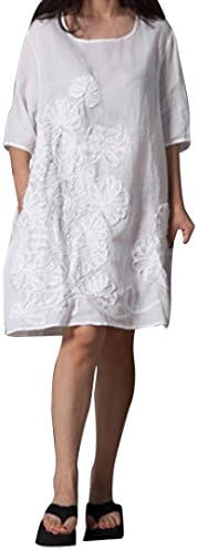MIARHB Women's Cotton Linen Dress Loose Casual Short Sleeve Floral Printed Mini Dresses