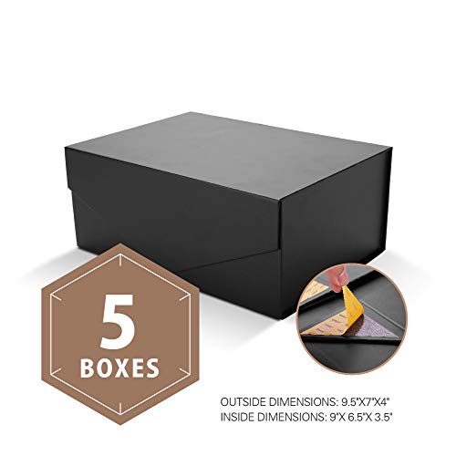 PACKHOME Gift Boxes Rectangular 9.5x7x4 Inches, Groomsman Boxes Rectangle Collapsible Boxes with Magnetic Lids for Gift Packaging (Matte Black with Embossing, 5 Boxes)