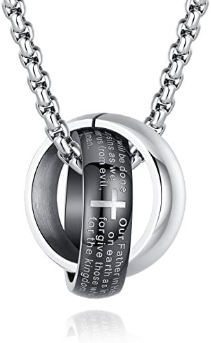 Stainless Steel English Lord's Prayer Cross Ring Pendant Necklace for Men Women, 20-22 Inch Chain