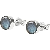 Gemstone Stud Post Earrings, 925 Sterling Silver Gemstone Earring 6 MM Round Girl Women Gift