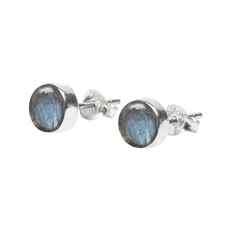 Photo 1 of Grey Blue Fire Labradorite Stone Stud Post Earrings 925 Sterling Silver Gemstone Earring 6 MM Round Gift