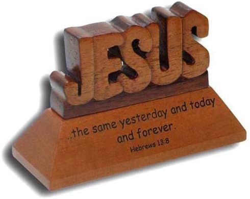 Christian wood mahogany desktop carved Jesus ornament with Hebrews 13:8 verse 6cm by LCP