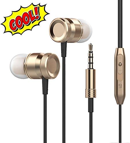 Lingoboi New Fashion Earphones Deep Bass Surrounded Sound Headphones Wired Metal In-Ear Earbuds Headphones with Mic Noise Isolating Earbuds - Lightweight, Alluminum Alloy3 Pair EarBuds (S/M/L) (Gold)