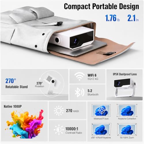 2026 Smart Projector Built-in-Apps, Android TV, Supported 4K/Native 1080P, 270 ANSI, Wifi 6 Bluetooth 5.2, Portable Mini Movie Projector for Bedroom Home, Auto Keystone, iOS/Switch/PS5