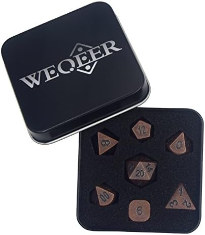 WEQEER RPG Metal Dice Set - 7 Antique Brass Brush Finish Dice with Black Tin