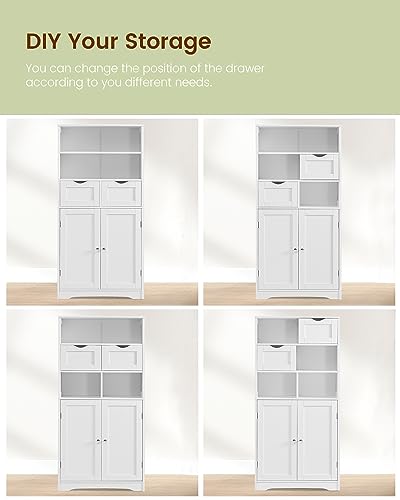 Bathroom Cabinet with 2 Drawers & 3 Adjustable Shelves, Bathroom Storage Cabinet, Cupboard for Living Room, Dining Room, Entryway, White