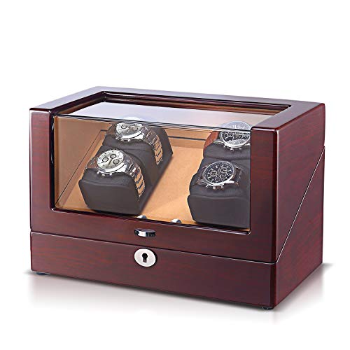 OLYMBROS Wooden Double Rotors Automatic Watch Winder Storage Boxes for 4 Watches with LED Light