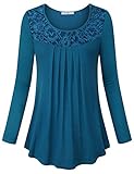 Youtalia Tops for Women, Ladies Long Sleeve Round Neck Soft Elastic Knit Loose Fit Flowy Flared Hem Casual Tunic Tops with Laces,Dark Cyan Medium