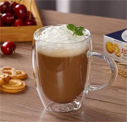 Double Walled Glass Cups,Borosilicate Heat Resistant Glasses Mugs Creative Transparent Reusable Drinkware Cup for Coffee Tea Milk Beer Juice Wine 350ml (with Handle)